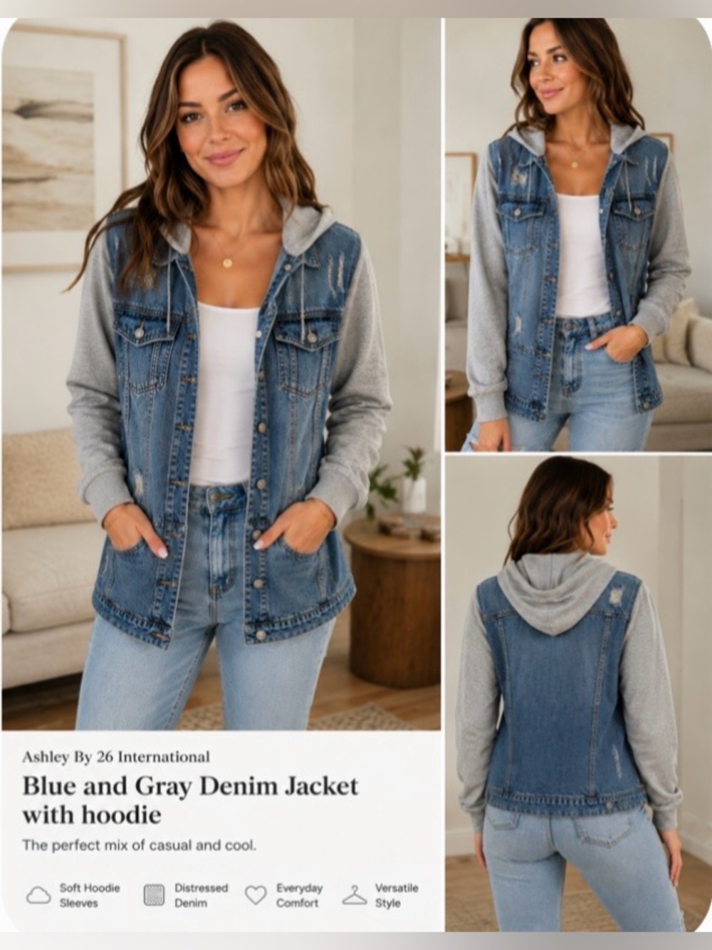 Ashley By 26 International Blue and Gray Denim Jacket with hoodie